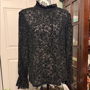 Unique Vintage Black Velvet Burnt-out Patterned Blouse